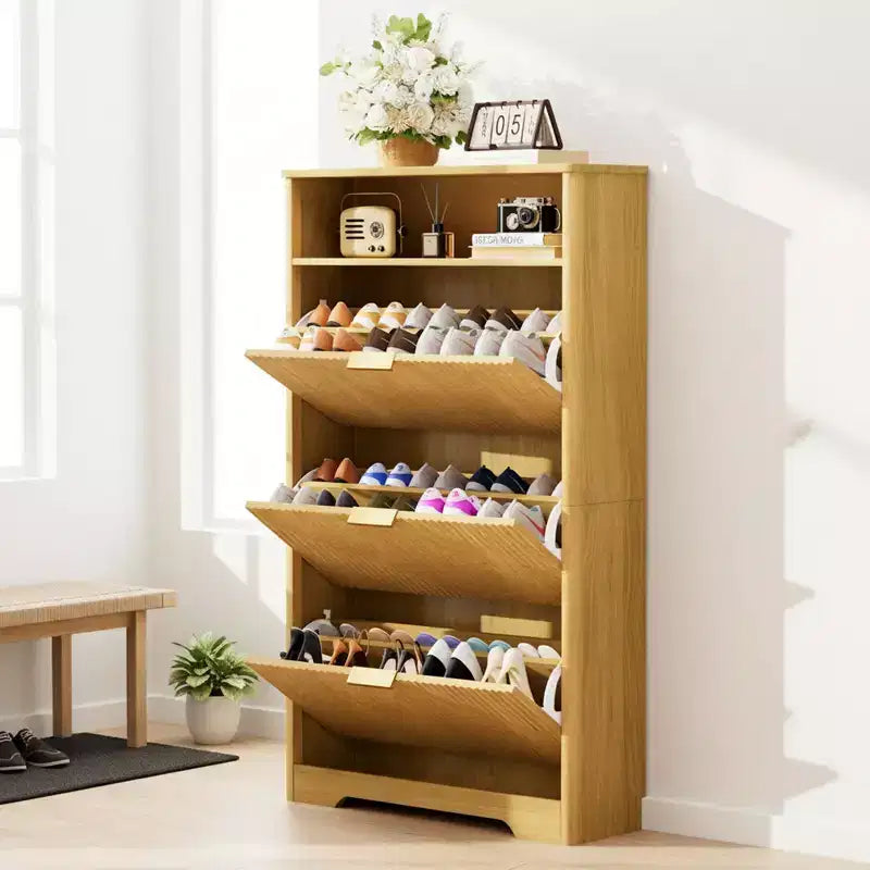 Meuble à chaussures moderne à 3 niveaux avec portes abattantes et étagère ouverte