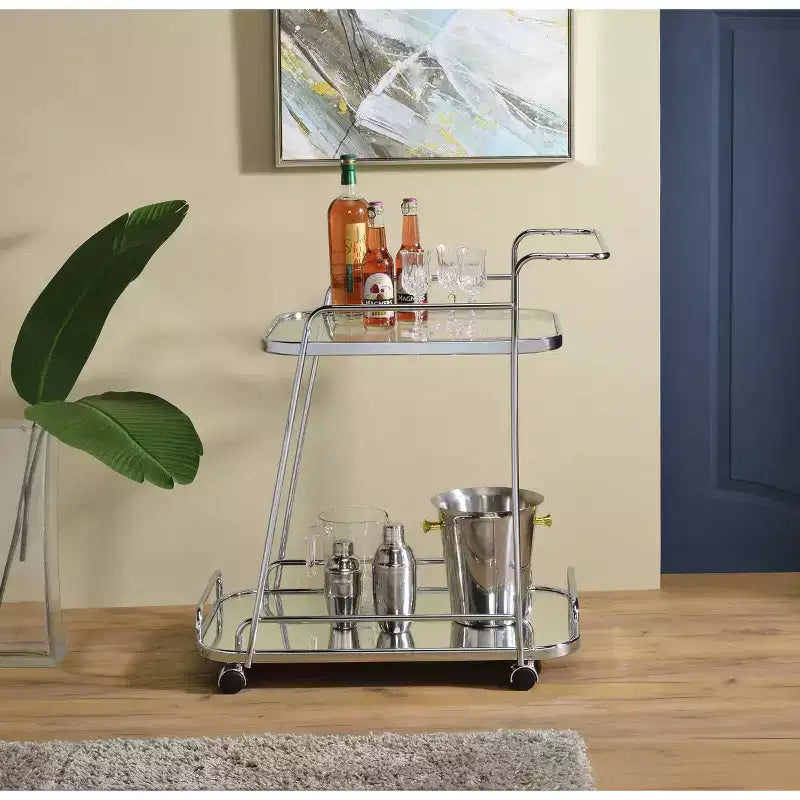 30" Aegis Clear Glass Serving Cart Chrome Finish - Acme Furniture: Beverage & Espresso Cart with Wheels