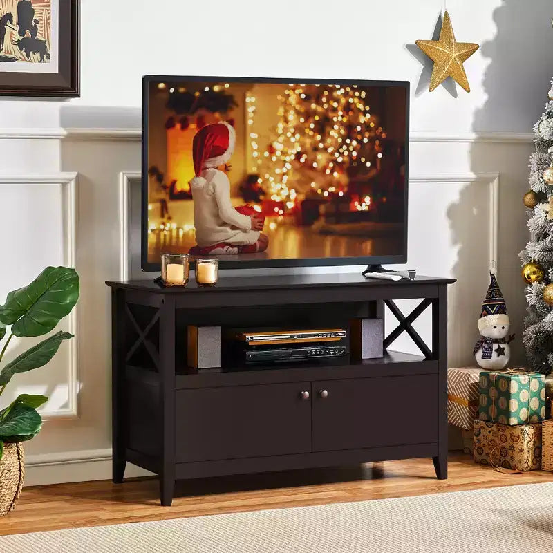 Meuble TV de qualité supérieure avec grand écran, étagère et 2 portes de rangement, expresso