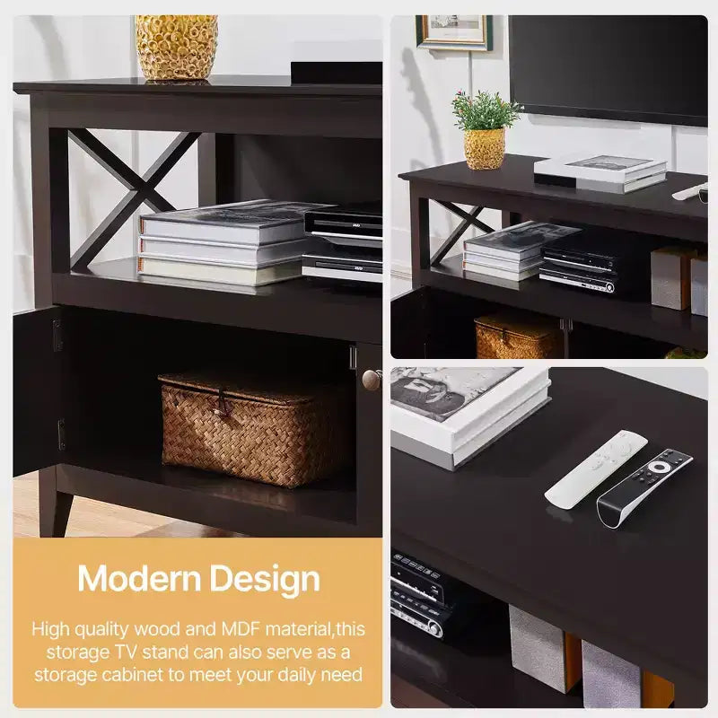 Meuble TV de qualité supérieure avec grand écran, étagère et 2 portes de rangement, expresso